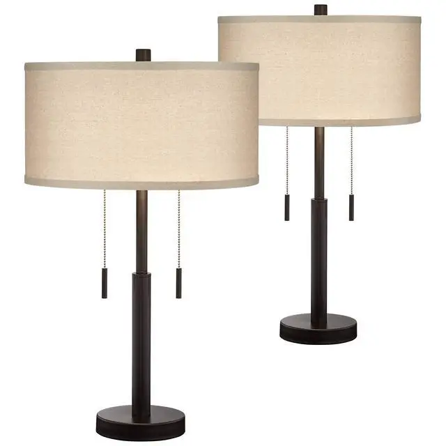 Alt view image 5 of 6 - Bernie Industrial Nightstand Table Lamp 25" High Set of 2 with Hotel Style USB Charging Port Rich Bronze Metal Fabric Drum Shade for Living Room Desk Bedroom House Bedside Home