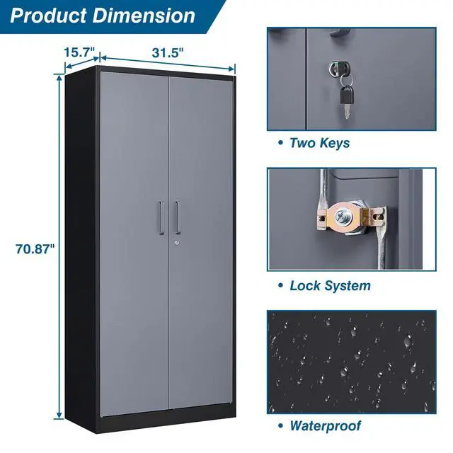 Alt view image 2 of 6 - Metal Storage Cabinet, 71 Inch Tall with Adjustable Shelves & Locking Doors, Tool Cabinets for Garage, Office, Home, School, Gym Storage (Grey Black)