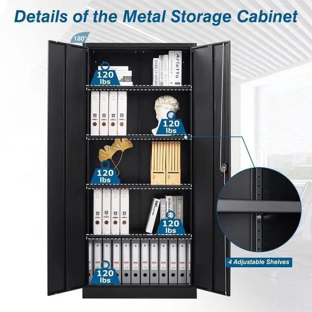 Alt view image 4 of 6 - Metal Garage Storage Cabinet, 71" Tool Cabinet with 4 Adjustable Shelves, Metal File Cabinets with Lockable Doors for Garage, Home Office, Gym, School, Utility Room (Black, Assemble Required)