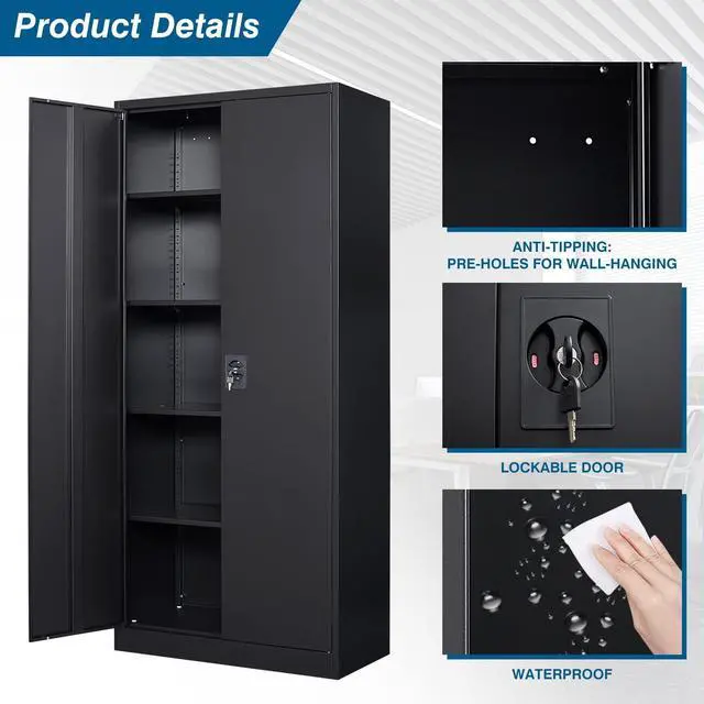 Alt view image 5 of 6 - Metal Garage Storage Cabinet, 71" Tool Cabinet with 4 Adjustable Shelves, Metal File Cabinets with Lockable Doors for Garage, Home Office, Gym, School, Utility Room (Black, Assemble Required)