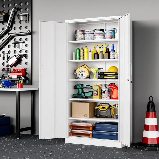 Alt view image 5 of 6 - Metal Garage Storage Cabinet, 71-inch Tool Storage Cabinet with Adjustable Shelves & Locking Doors for Garage,Office,Home,School,Gym Storage (White)
