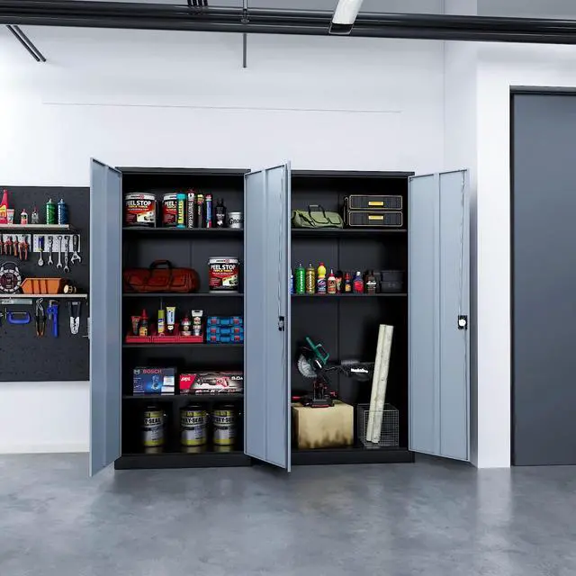 Alt view image 2 of 6 - Metal Garage Storage Cabinet, 71" Tall Cabinet with 4 Adjustable Shelves, Metal File Cabinets with Lockable Doors for Garage, Home Office, Gym, School, Utility Room (Grey Black, Assembly)