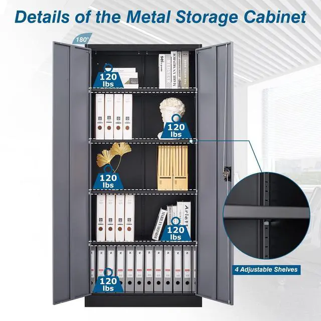 Alt view image 4 of 6 - Metal Garage Storage Cabinet, 71" Tall Cabinet with 4 Adjustable Shelves, Metal File Cabinets with Lockable Doors for Garage, Home Office, Gym, School, Utility Room (Grey Black, Assembly)