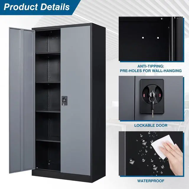 Alt view image 5 of 6 - Metal Garage Storage Cabinet, 71" Tall Cabinet with 4 Adjustable Shelves, Metal File Cabinets with Lockable Doors for Garage, Home Office, Gym, School, Utility Room (Grey Black, Assembly)