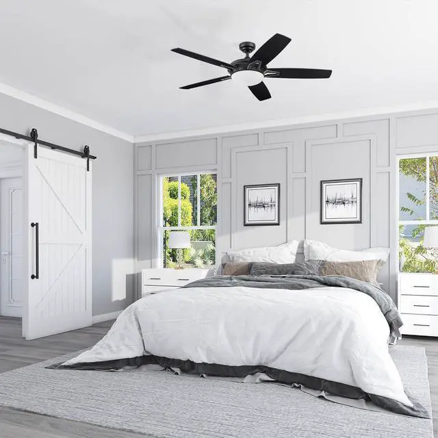 Alt view image 2 of 6 - Clancy 52 Inch Contemporary LED Ceiling Fan with Light, Remote Control, Reversible Motor, 5 Dual Finish Blades, Matte Black