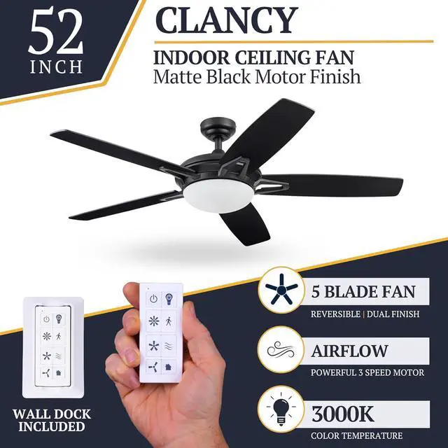 Alt view image 4 of 6 - Clancy 52 Inch Contemporary LED Ceiling Fan with Light, Remote Control, Reversible Motor, 5 Dual Finish Blades, Matte Black