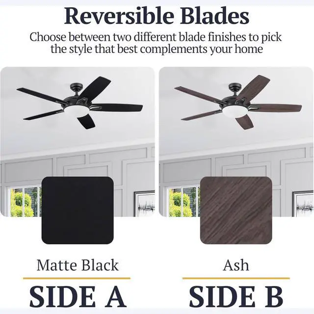 Alt view image 5 of 6 - Clancy 52 Inch Contemporary LED Ceiling Fan with Light, Remote Control, Reversible Motor, 5 Dual Finish Blades, Matte Black