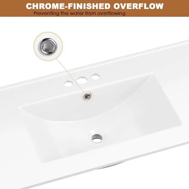 Alt view image 3 of 6 - 36"x18¼" Bathroom Vanity Sink Top with Three Holes, Ceramic Vanity Sink Top with Overflow, Drop in Bathroom Vessel Sink Rectangle, Glossy White