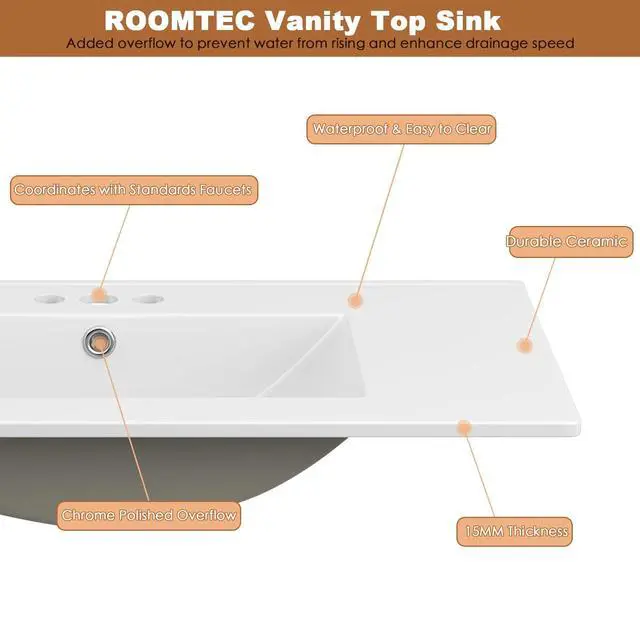 Alt view image 4 of 6 - 36"x18¼" Bathroom Vanity Sink Top with Three Holes, Ceramic Vanity Sink Top with Overflow, Drop in Bathroom Vessel Sink Rectangle, Glossy White