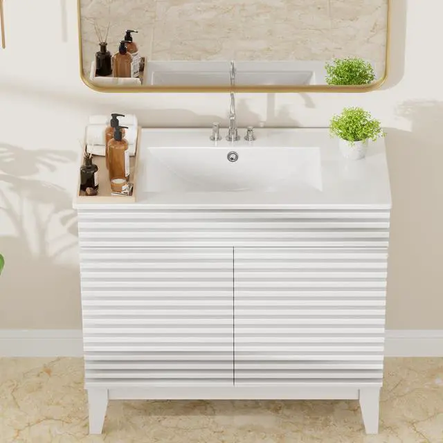 Alt view image 6 of 6 - 36"x18¼" Bathroom Vanity Sink Top with Three Holes, Ceramic Vanity Sink Top with Overflow, Drop in Bathroom Vessel Sink Rectangle, Glossy White