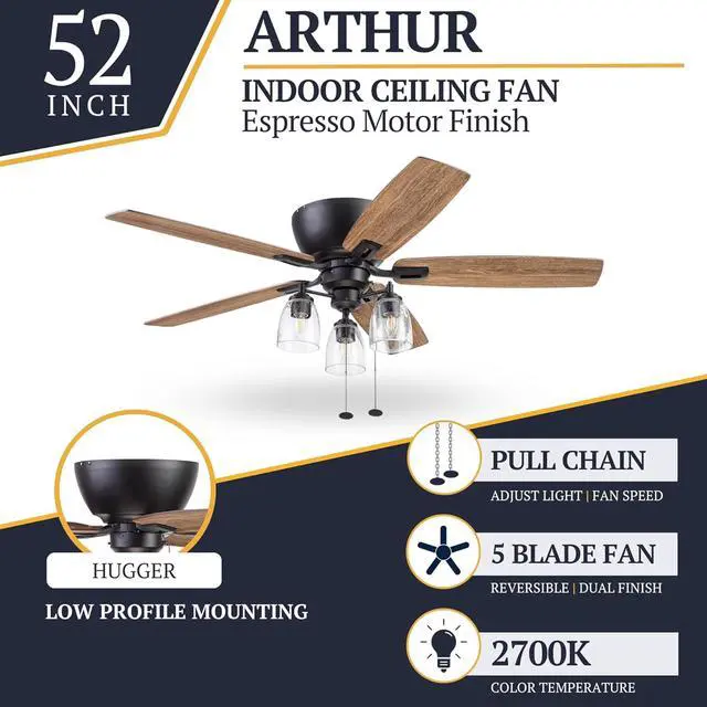 Alt view image 4 of 6 - Arthur, 52 inch Industrial Farmhouse Flush Mount LED Ceiling Fan with Light, Pull Chain, Three Mounting Options, Dual Finish Blades, Reversible Motor - 51486-01 (Espresso)