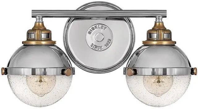 Main image of Fletcher 5172PN Two-Light Bath Vanity Fixture, Vintage Industrial Fixture, Clear Seedy Glass, Bath and Beyond, Polished Nickel and Heritage Brass