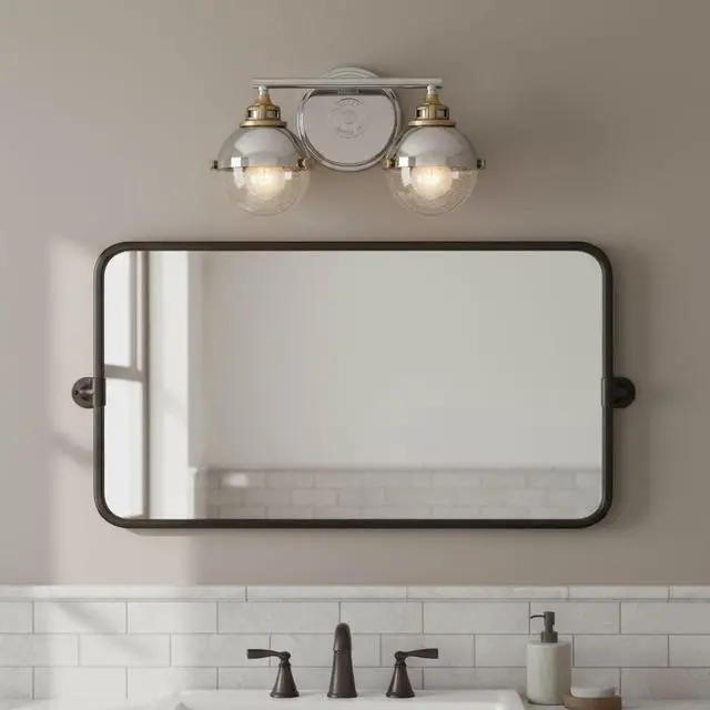 Alt view image 2 of 6 - Fletcher 5172PN Two-Light Bath Vanity Fixture, Vintage Industrial Fixture, Clear Seedy Glass, Bath and Beyond, Polished Nickel and Heritage Brass
