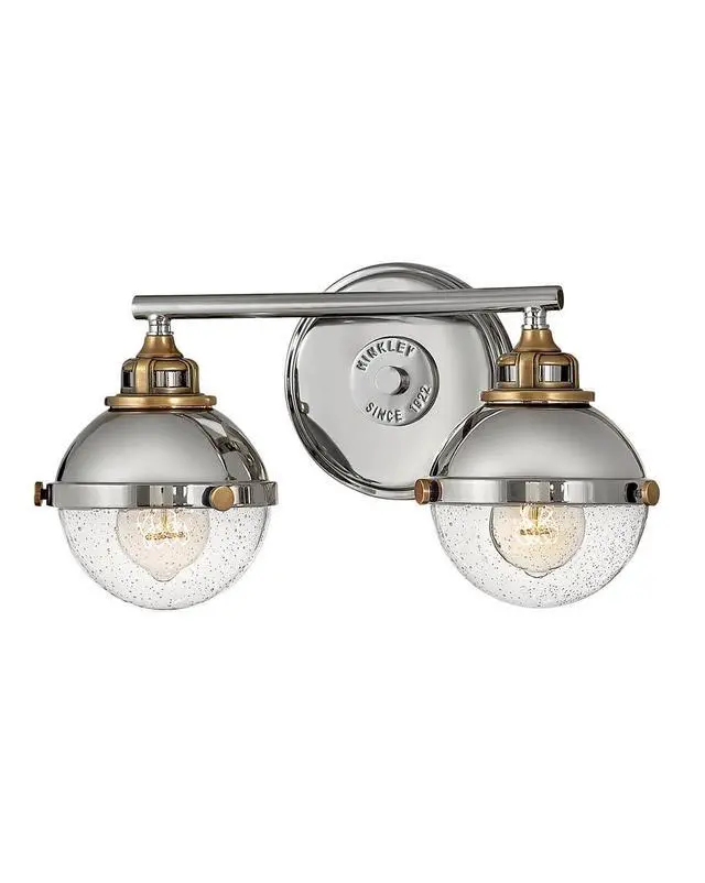 Alt view image 3 of 6 - Fletcher 5172PN Two-Light Bath Vanity Fixture, Vintage Industrial Fixture, Clear Seedy Glass, Bath and Beyond, Polished Nickel and Heritage Brass