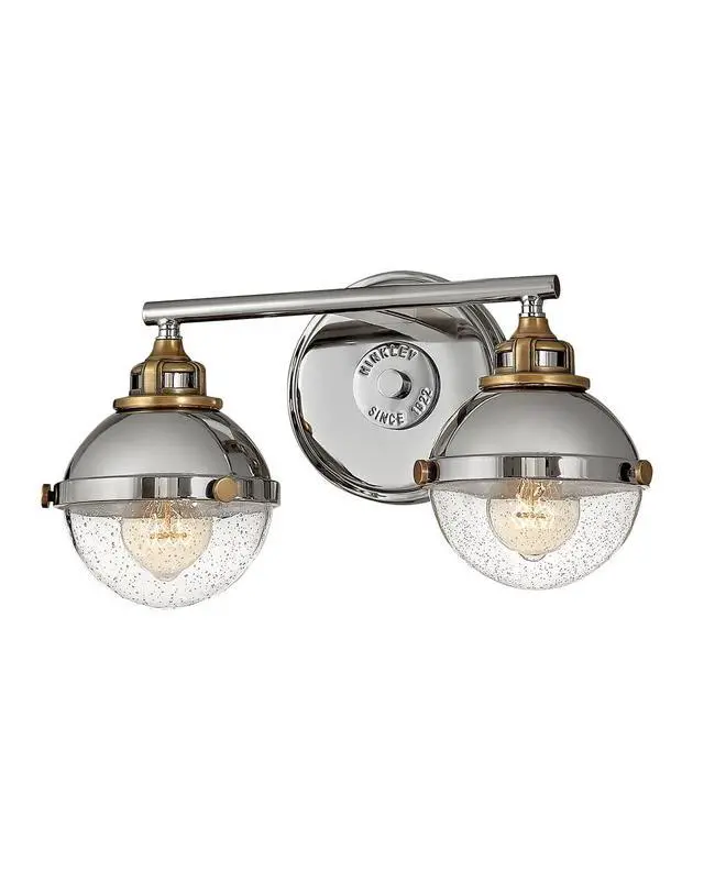 Alt view image 4 of 6 - Fletcher 5172PN Two-Light Bath Vanity Fixture, Vintage Industrial Fixture, Clear Seedy Glass, Bath and Beyond, Polished Nickel and Heritage Brass