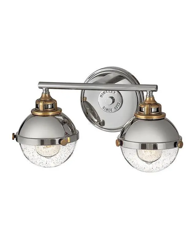 Alt view image 5 of 6 - Fletcher 5172PN Two-Light Bath Vanity Fixture, Vintage Industrial Fixture, Clear Seedy Glass, Bath and Beyond, Polished Nickel and Heritage Brass