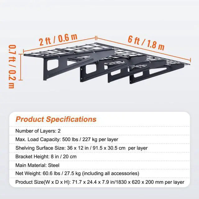 Alt view image 3 of 6 - 2 x 6 ft Garage Shelving Wall Mounted, 2 Pack Heavy Duty Wall Shelves 1000lbs Capacity, Garage Storage Rack Floating Shelves for Shop, Shed, Storage