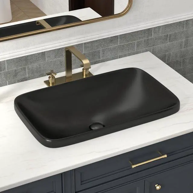 Main image of 24W x 15D Matte Black Semi Recessed Bathroom Sink, 24 Inch Rectangle Semi Recessed Vessel Sink With Pop-up Drain, Ideal Black Ceramic Drop In Bathroom Basin Without Overflow