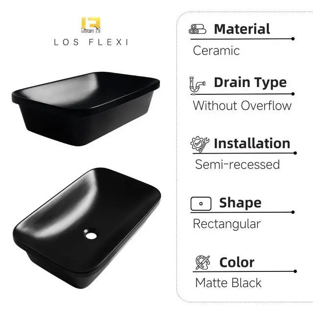 Alt view image 2 of 6 - 24W x 15D Matte Black Semi Recessed Bathroom Sink, 24 Inch Rectangle Semi Recessed Vessel Sink With Pop-up Drain, Ideal Black Ceramic Drop In Bathroom Basin Without Overflow
