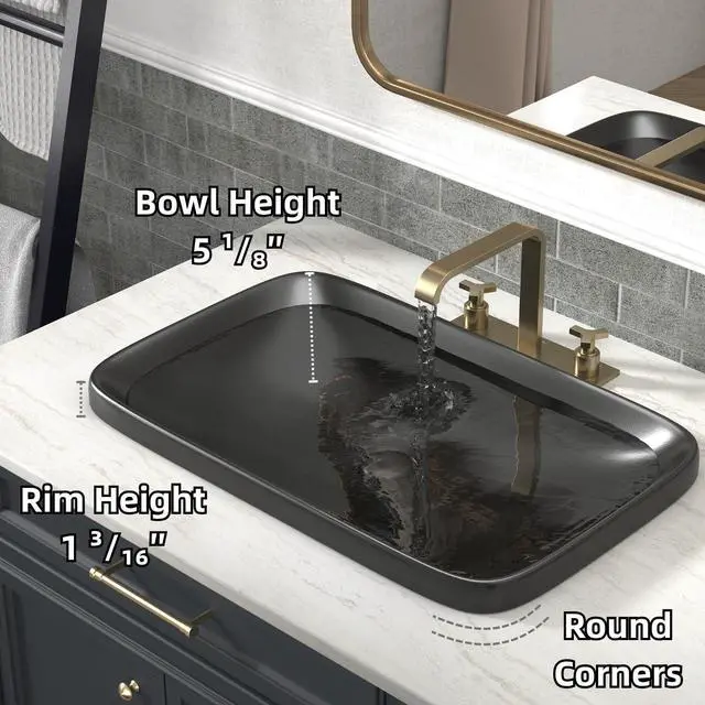 Alt view image 4 of 6 - 24W x 15D Matte Black Semi Recessed Bathroom Sink, 24 Inch Rectangle Semi Recessed Vessel Sink With Pop-up Drain, Ideal Black Ceramic Drop In Bathroom Basin Without Overflow