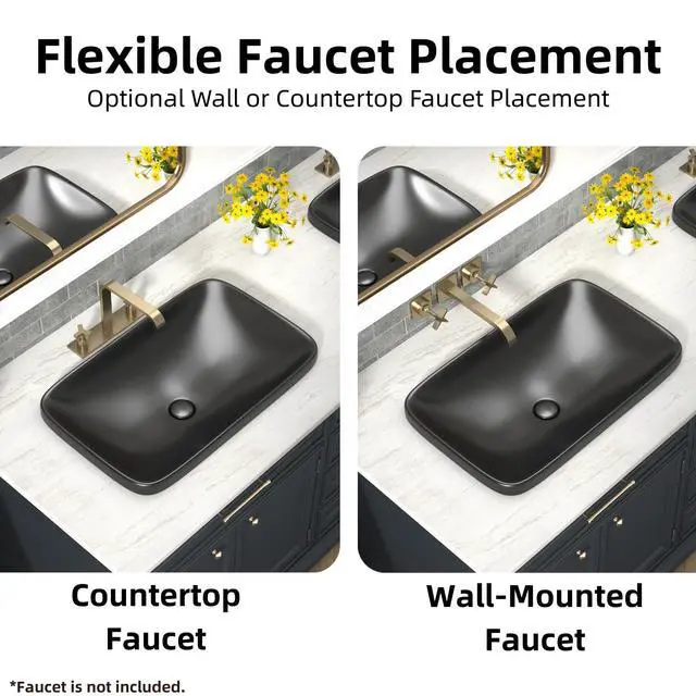 Alt view image 5 of 6 - 24W x 15D Matte Black Semi Recessed Bathroom Sink, 24 Inch Rectangle Semi Recessed Vessel Sink With Pop-up Drain, Ideal Black Ceramic Drop In Bathroom Basin Without Overflow