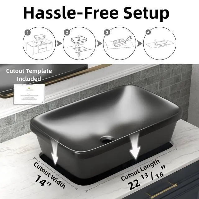 Alt view image 6 of 6 - 24W x 15D Matte Black Semi Recessed Bathroom Sink, 24 Inch Rectangle Semi Recessed Vessel Sink With Pop-up Drain, Ideal Black Ceramic Drop In Bathroom Basin Without Overflow