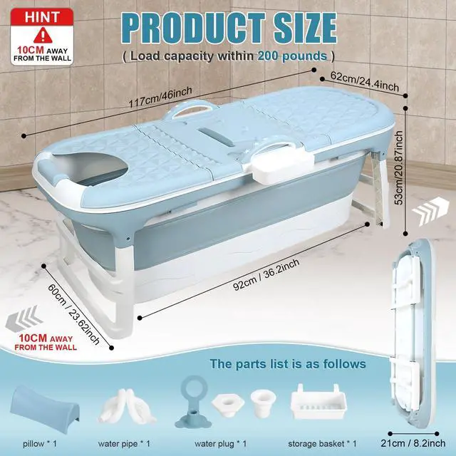Alt view image 2 of 6 - Portable Bathtub, 58/56/50/46 Inch Collapsible Bathtub, Freestanding Foldable Bathtub for Adults, Folding Tub for Shower, Hot Bath, Ice Bath Blue-B-120cm