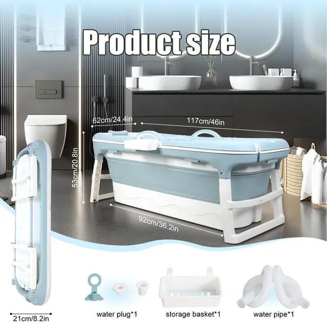 Alt view image 3 of 6 - Portable Bathtub, 58/56/50/46 Inch Collapsible Bathtub, Freestanding Foldable Bathtub for Adults, Folding Tub for Shower, Hot Bath, Ice Bath Blue-B-120cm