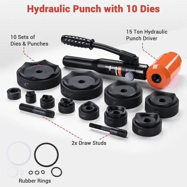 Alt view image 2 of 6 - 1/2" to 4" Hydraulic Knockout Punch Set 15-Ton 10-Die Handheld Electrical Conduit Hole Cutter KO Tool Kit for Sheet Metal