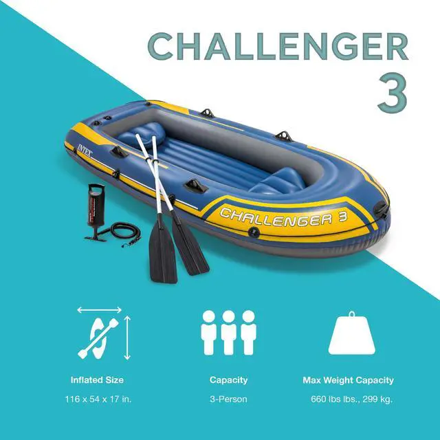 Alt view image 2 of 6 - 68370EP Challenger 3 Inflatable Boat Set: Includes Deluxe 48in Boat Oars and High-Output Pump Triple Air Chambers Welded Oar Locks 3 Person 660lb Weight Capacity