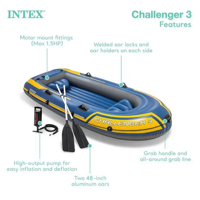 Alt view image 4 of 6 - 68370EP Challenger 3 Inflatable Boat Set: Includes Deluxe 48in Boat Oars and High-Output Pump Triple Air Chambers Welded Oar Locks 3 Person 660lb Weight Capacity