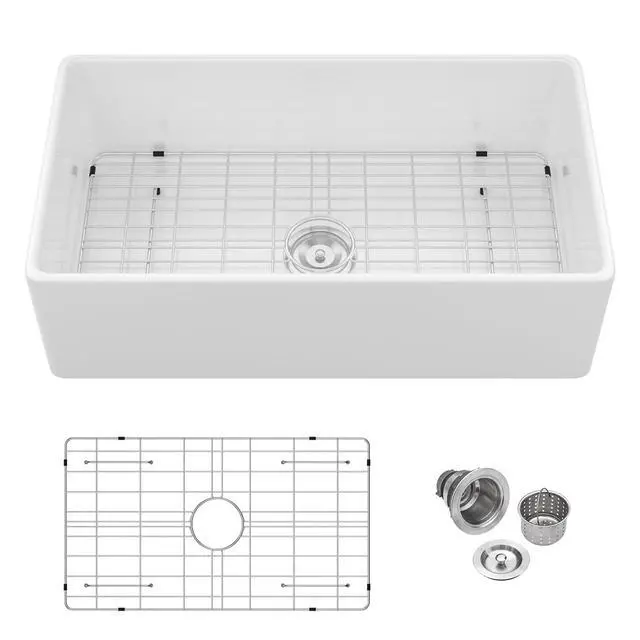 Alt view image 2 of 6 - 33x18x10 White Fireclay Farmhouse Sink 33" Durable Ceramic Apron Front Farm Sinks with Reversible Design & Drain,Easy to Clean,Scratch & Heat Resistant,Ideal for Classic & Country Style