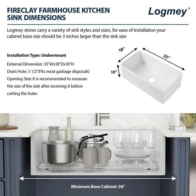 Alt view image 3 of 6 - 33x18x10 White Fireclay Farmhouse Sink 33" Durable Ceramic Apron Front Farm Sinks with Reversible Design & Drain,Easy to Clean,Scratch & Heat Resistant,Ideal for Classic & Country Style