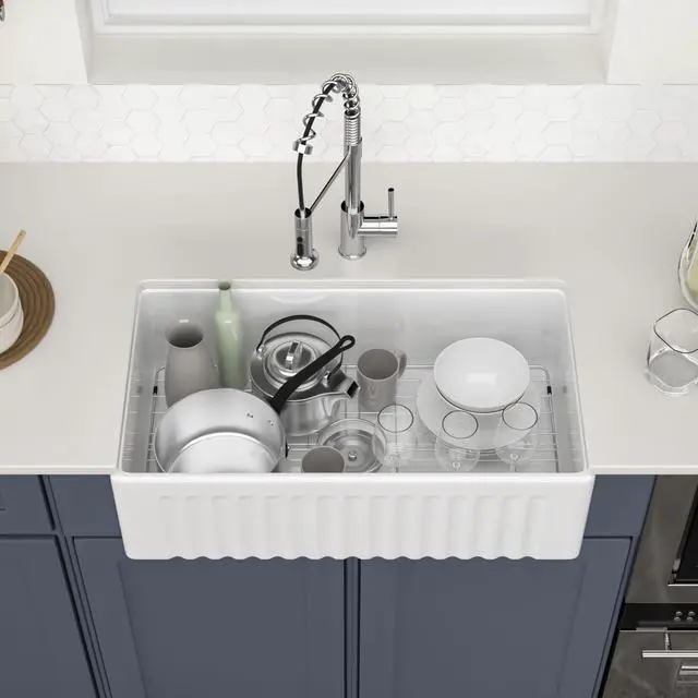 Alt view image 4 of 6 - 33x18x10 White Fireclay Farmhouse Sink 33" Durable Ceramic Apron Front Farm Sinks with Reversible Design & Drain,Easy to Clean,Scratch & Heat Resistant,Ideal for Classic & Country Style
