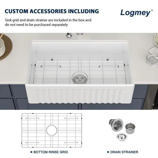 Alt view image 6 of 6 - 33x18x10 White Fireclay Farmhouse Sink 33" Durable Ceramic Apron Front Farm Sinks with Reversible Design & Drain,Easy to Clean,Scratch & Heat Resistant,Ideal for Classic & Country Style