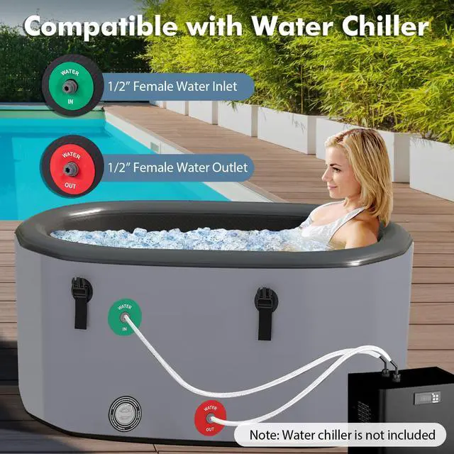 Alt view image 5 of 6 - XL 129 Gal Oval Ice Bath Tub for Athletes, Inflatable Cold Plunge Tub w/Multiple Layered, Lid, Pump, Backpack, Water Chiller Compatible Portable Freestanding Ice Bath for Adults (Gray)