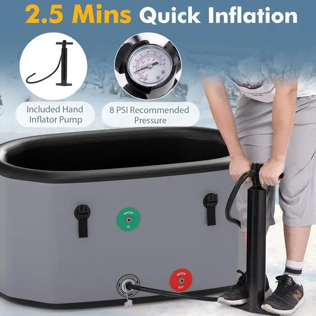 Alt view image 6 of 6 - XL 129 Gal Oval Ice Bath Tub for Athletes, Inflatable Cold Plunge Tub w/Multiple Layered, Lid, Pump, Backpack, Water Chiller Compatible Portable Freestanding Ice Bath for Adults (Gray)