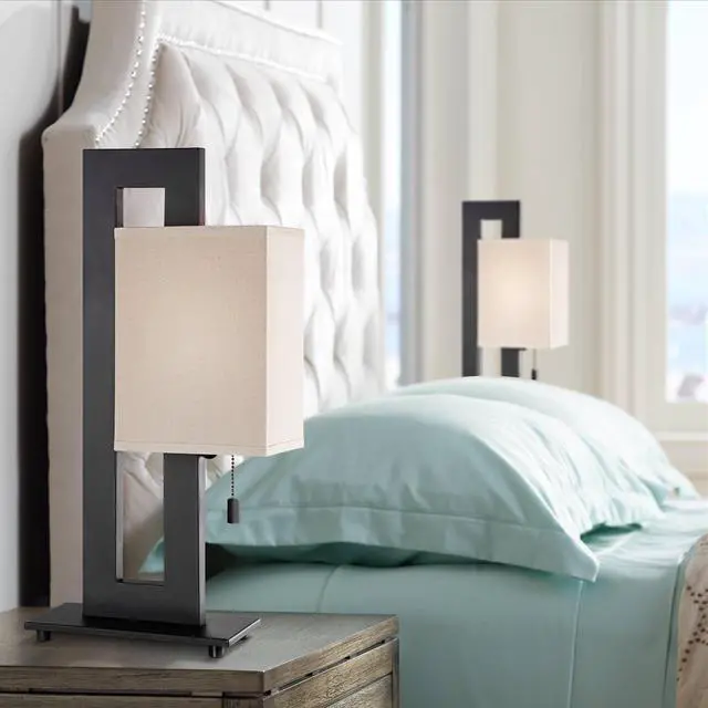 Main image of Modern Accent Table Lamps 20.5" High Set of 2 Espresso Bronze Open Rectangular Metal Base Oatmeal Floating Box Shade for Living Room Bedroom House Bedside Nightstand Home