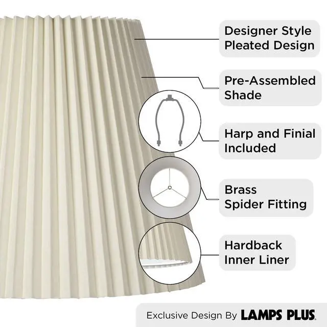 Alt view image 3 of 6 - Set of 2 Pleated Empire Lamp Shade (Pre-Assembled) s Ivory Large 10" Top x 17" Bottom x 14.75" High Spider with Replacement Harp and Finial Fitting