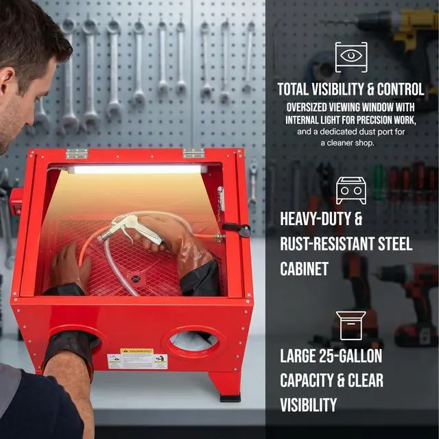 Alt view image 2 of 6 - 25 Gallon Bench Top Air Sandblasting Cabinet | Heavy Duty Steel, Sand Blaster with Blasting Gun & 4 Nozzles, 40-80 PSI, Portable, For Paint, Rust, Stain Removal