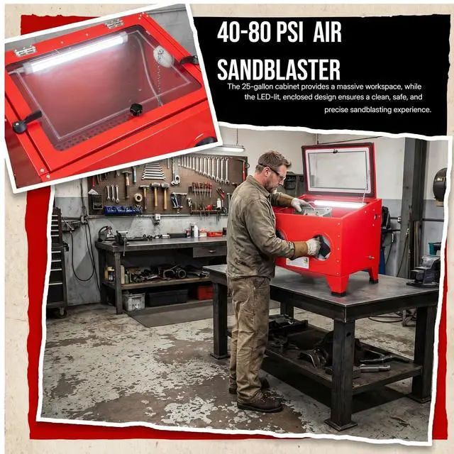Alt view image 6 of 6 - 25 Gallon Bench Top Air Sandblasting Cabinet | Heavy Duty Steel, Sand Blaster with Blasting Gun & 4 Nozzles, 40-80 PSI, Portable, For Paint, Rust, Stain Removal