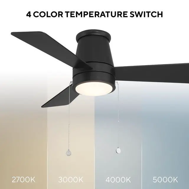 Alt view image 3 of 6 - Hug Indoor or Outdoor 3-Blade 42in Pull Chain Flush Mount Ceiling Fan in Matte Black with Adjustable CCT 2700-3000-4000-5000K Dimmable LED Light Kit and Memory Function