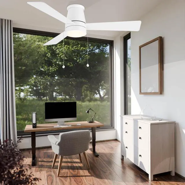 Alt view image 5 of 6 - Hug Indoor or Outdoor 3-Blade 42in Pull Chain Flush Mount Ceiling Fan in Matte Black with Adjustable CCT 2700-3000-4000-5000K Dimmable LED Light Kit and Memory Function