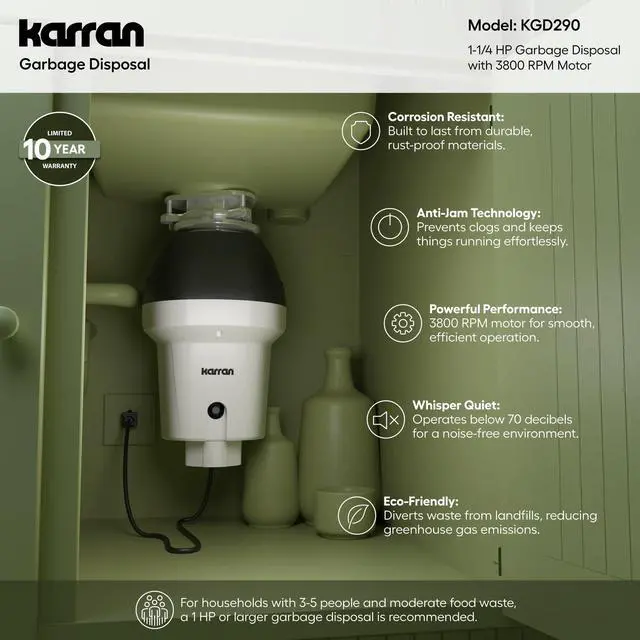 Alt view image 6 of 6 - 1-1/4 HP Continuous Feed Garbage Disposal for Kitchen Sinks with Power Cord and Accessories Included