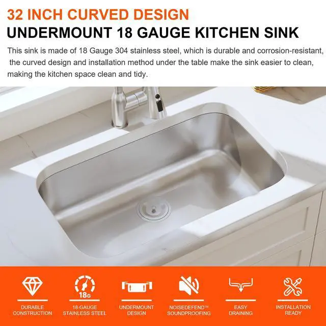 Alt view image 2 of 6 - 32 Inch Undermount Kitchen Sink 18 Gauge Stainless Steel Single Bowl Curved Shape Commercial Grade Satin Finish Sinks 32" x 18" x 9" (Sink Only)