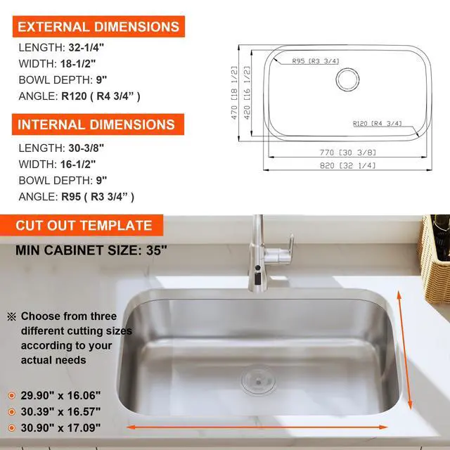 Alt view image 6 of 6 - 32 Inch Undermount Kitchen Sink 18 Gauge Stainless Steel Single Bowl Curved Shape Commercial Grade Satin Finish Sinks 32" x 18" x 9" (Sink Only)