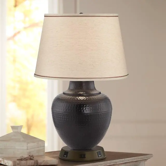 Main image of Brighton Rustic Farmhouse Table Lamp 27 1/4" Tall with USB and AC Power Outlet in Base Bronze Hammered Pot Beige Drum Shade for Bedroom Living Room House Home Bedside Nightstand