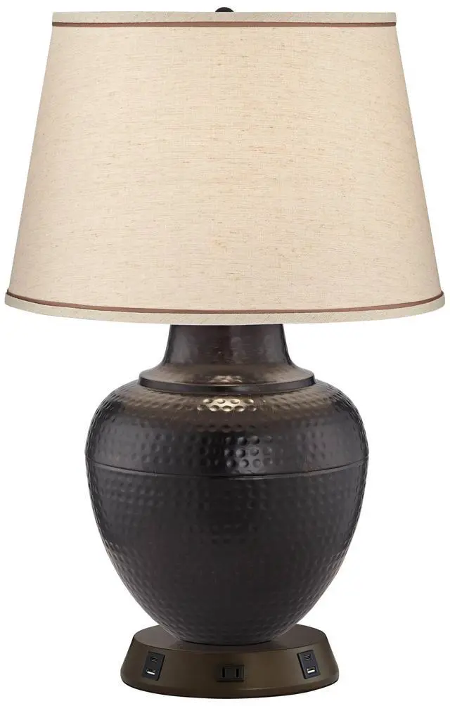 Alt view image 2 of 6 - Brighton Rustic Farmhouse Table Lamp 27 1/4" Tall with USB and AC Power Outlet in Base Bronze Hammered Pot Beige Drum Shade for Bedroom Living Room House Home Bedside Nightstand