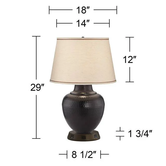 Alt view image 4 of 6 - Brighton Rustic Farmhouse Table Lamp 27 1/4" Tall with USB and AC Power Outlet in Base Bronze Hammered Pot Beige Drum Shade for Bedroom Living Room House Home Bedside Nightstand