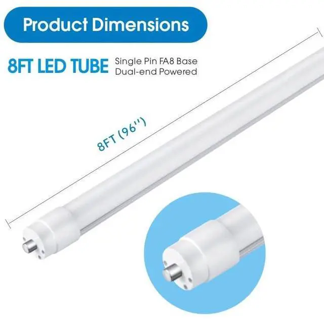 Alt view image 2 of 6 - T8 8FT LED Tube Light, 8 Foot T8 LED Tube Light Single Pin FA8 Base, Ballast Bypass 50W 6750LM, 6500K Cool White, Frosted Cover (Replace 150W LED Flourescent Bulbs) Dual-Ended Power AC100-277V 12PACK